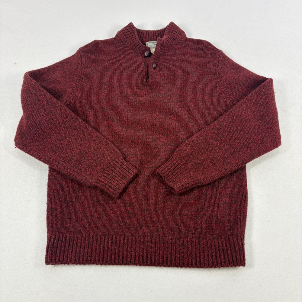 VTG LL Bean Lambswool Sweater Mens Medium Burgundy Cabin Core Mock Neck Henley